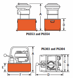 PG30/55 Series petrol over hydraulic pump dimensions