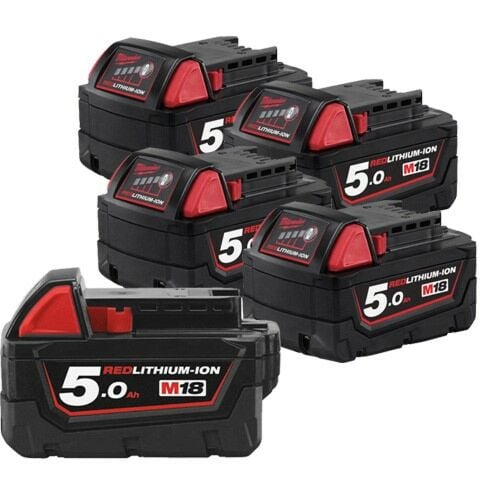 Buy Milwaukee M18B5 18V M18 5Ah Batteries - Pack Of Five by Milwaukee for only £258.76