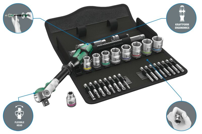 Buy Wera 5004046001 8100 SB 6 Zyklop Speed 3/8 Multifunction Ratchet & Socket Set Metric 29pc by Wera for only £134.39