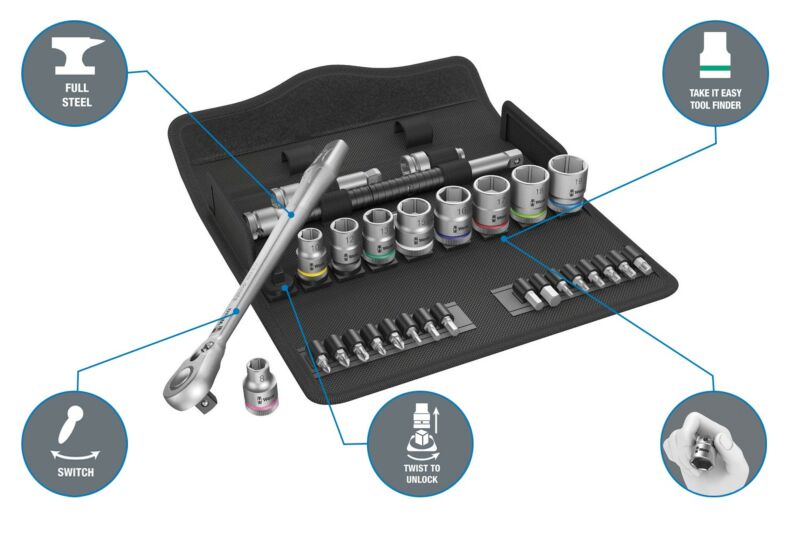 Buy Wera 05004048001 8100 SB 8 Zyklop Metal Ratchet Set with switch lever 3/8 drive metric 29 pieces by Wera for only £101.99
