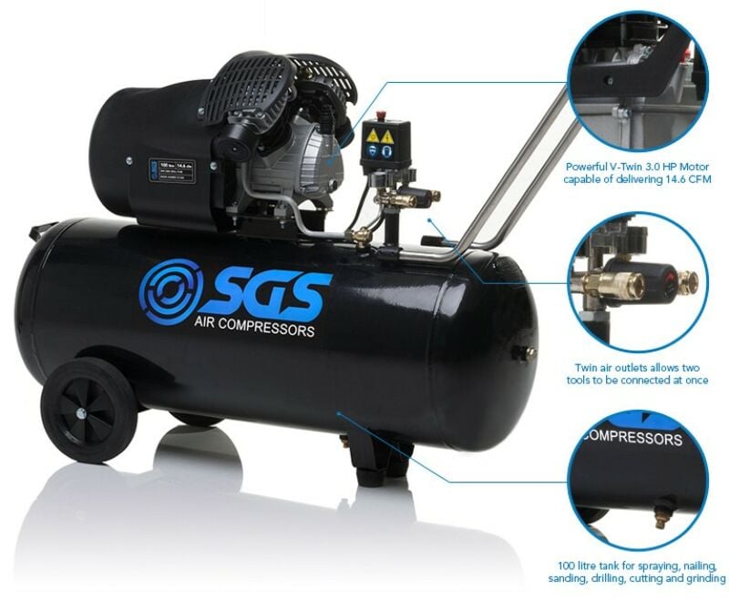 Buy SGS 100 Litre Direct Drive Air Compressor & Starter Kit - 14.6CFM 3.0HP 100L by SGS for only £412.75