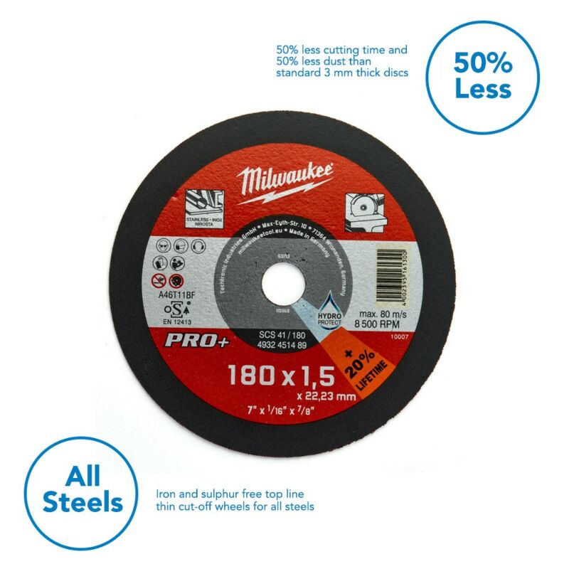 Buy Milwaukee 4932451489 Metal Cutting Disc - 180mm x 1.5mm PRO+ Thin 20% Lifetime by Milwaukee for only £2.18