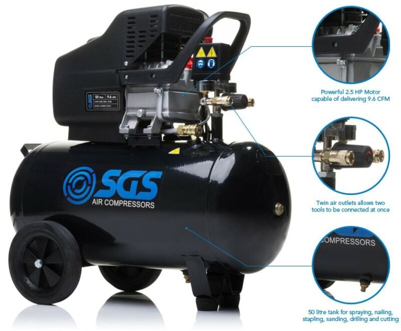 Buy SGS 50 Litre Direct Drive Air Compressor & Starter Kit - 9.6CFM 2.5HP 50L by SGS for only £228.46