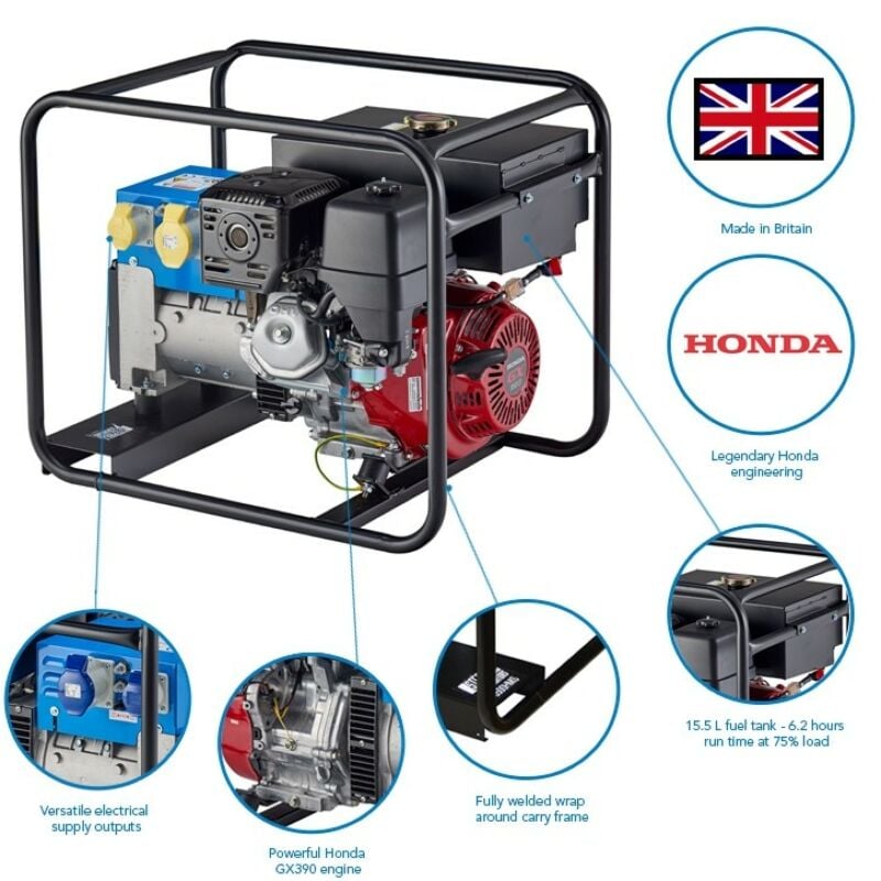 Buy Stephill 6500HMSLR 6.5 kVA Honda GX390 Industrial Long Run Petrol Generator by Stephill for only £1,493.99
