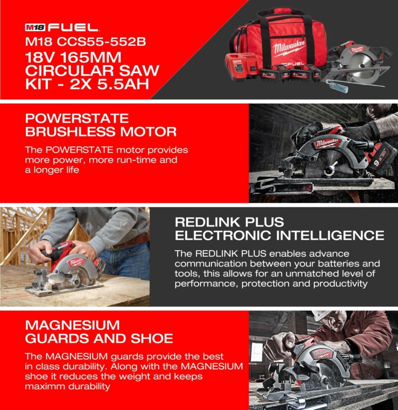 Buy Milwaukee M18CCS55-552B M18 FUEL™ 18V 165mm Circular Saw Kit - 2x 5.5Ah Batteries, Charger and Bag by Milwaukee for only £390.00