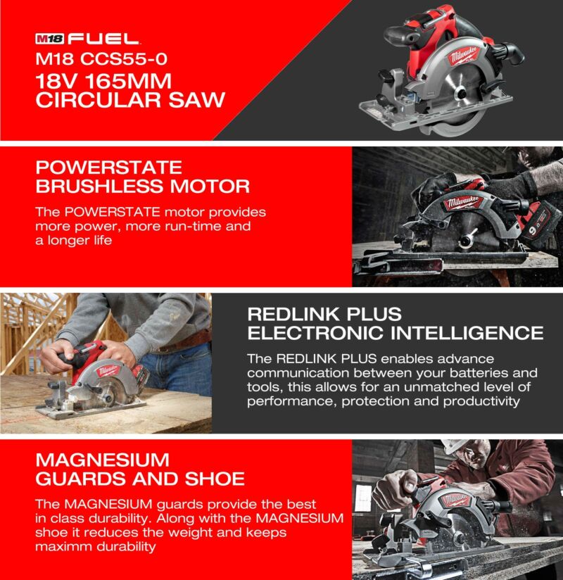 Buy Milwaukee M18CCS55-0 M18 FUEL 18V 165mm Circular Saw (Body Only) by Milwaukee for only £167.40