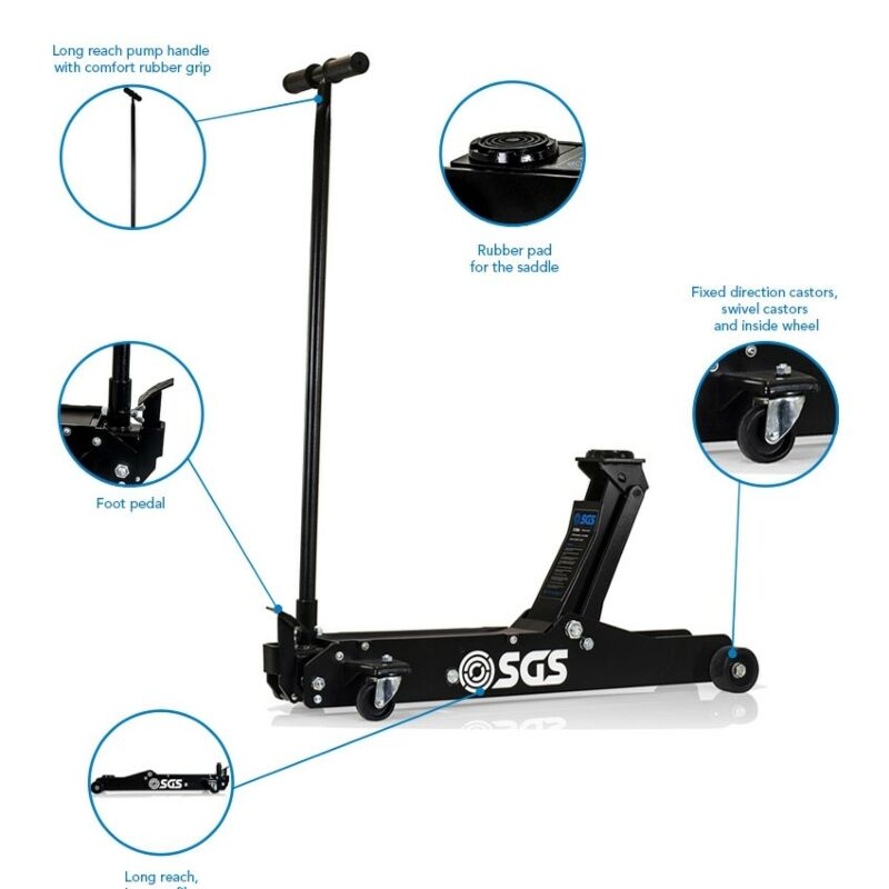 Buy SGS 3 Tonne Long Reach Professional Service Trolley Jack & Ratchet Axle Stands by SGS for only £407.99