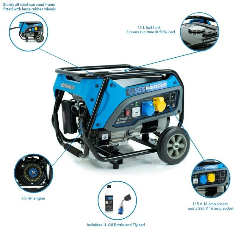 Buy SGS 3.75 kVA Super Duty Portable Petrol Generator With Wheel Kit Oil and Flylead - SPG3000OF by SGS for only £317.21