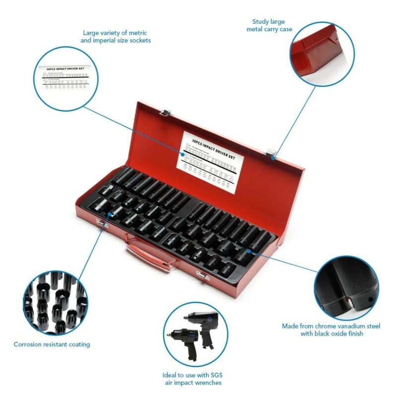 Buy SGS 38 Piece Standard and Deep Drive Air Metric & Imperial Socket Set by SGS for only £44.99