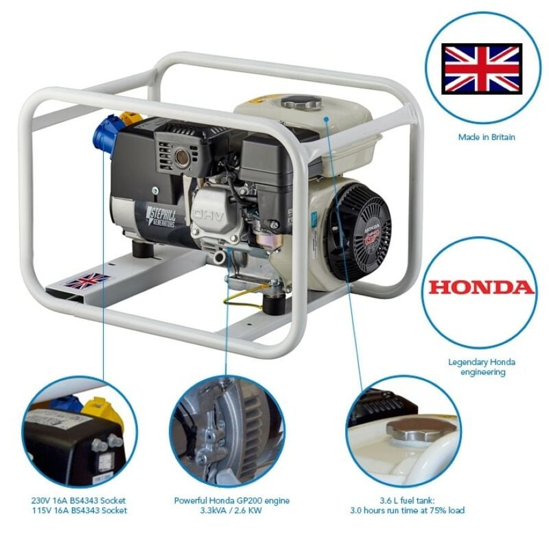Buy Stephill GE3300 3.3 kVA Honda GP200 Petrol Generator by Stephill for only £562.80
