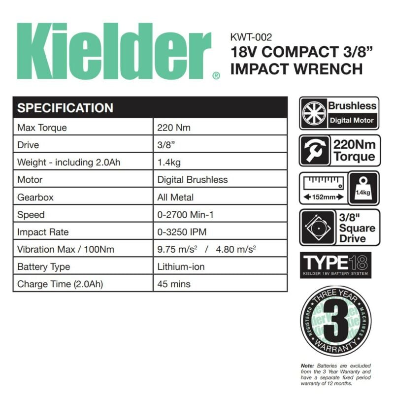 Buy Kielder KWT-002-16 18V 3/8 220Nm Professional Heavy-Duty Brushless Impact Wrench (Body Only) by Kielder for only £77.98