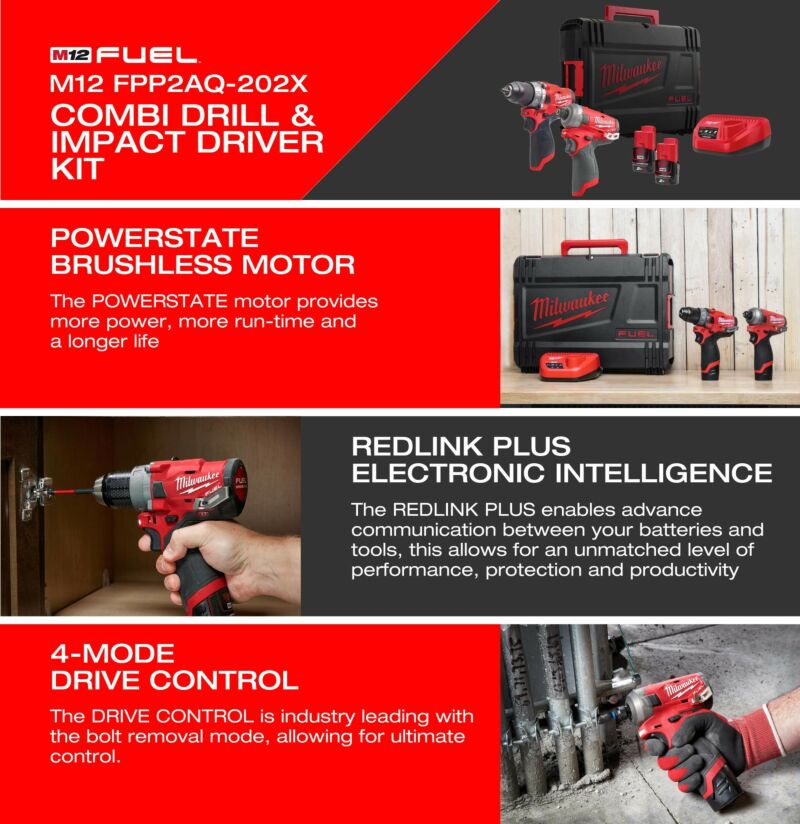 Buy Milwaukee M12FPP2AQ-202X 12V Fuel Combi Drill and Surge Impact Driver - 2x 2Ah Batteries, Charger and Case by Milwaukee for only £312.47