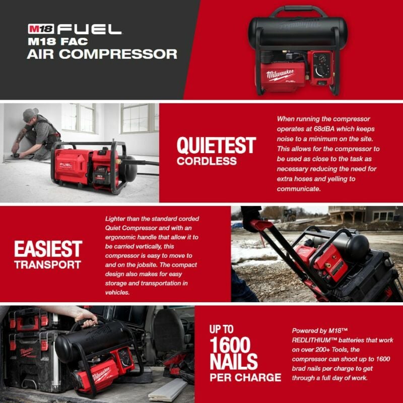 Buy Milwaukee M18FAC-801 Battery Powered Oil-Less Air Compressor 7.6L 8Ah High-Output Battery and Charger Bundle by Milwaukee for only £563.99