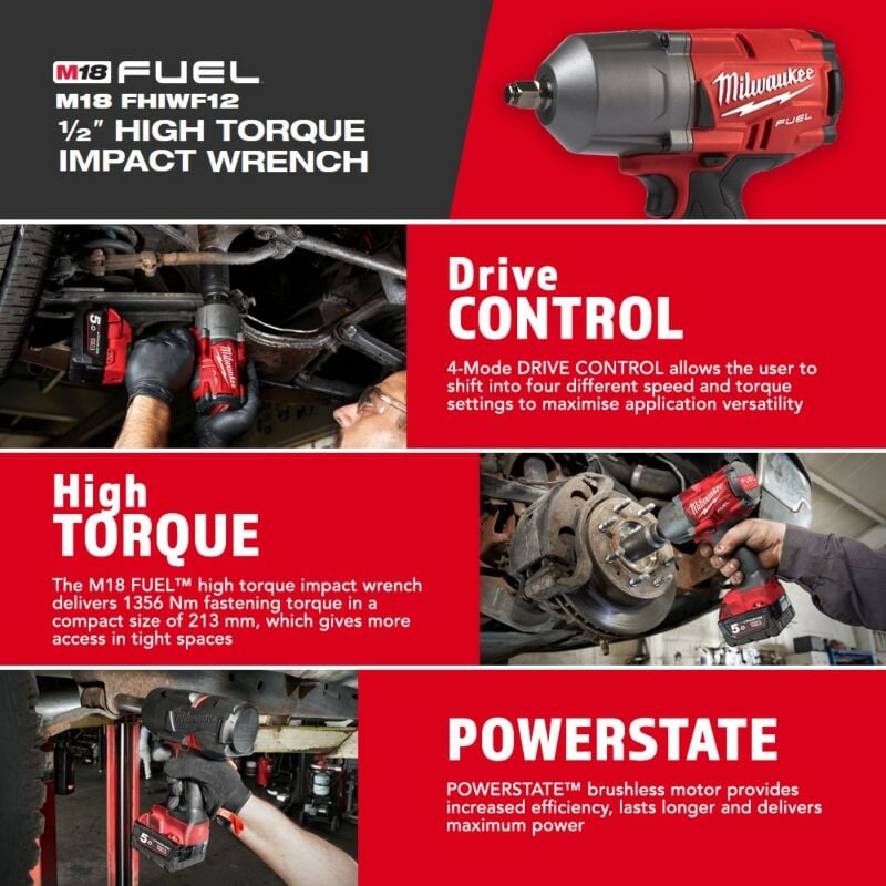 Buy Milwaukee M18FHIWF12-502X M18 FUEL 18V 1/2in 1898Nm Impact Wrench Kit - 2x 5Ah Batteries, Charger and Case by Milwaukee for only £339.60