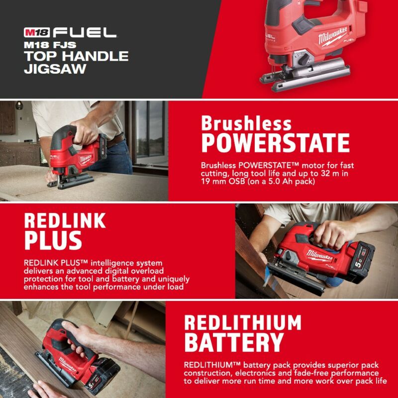 Buy Milwaukee M18FJS-502B M18 FUEL™ 18V D-Handle Jigsaw Kit - 2x 5Ah Batteries, Charger and Bag by Milwaukee for only £334.31