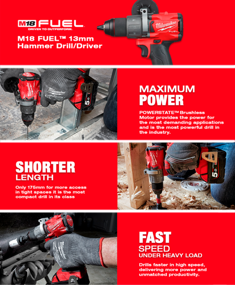 Buy Milwaukee M18FPD2-202X M18 FUEL™ 18V Combi Drill Kit - 2x 2Ah Batteries, Charger and Case by Milwaukee for only £205.80