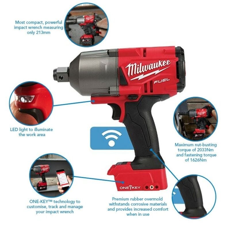 Buy Milwaukee M18ONEFHIWF34-502X M18 FUEL One-Key 18V 3/4 2033Nm Impact Wrench Kit - 2x 5Ah Batteries, Charger and Case by Milwaukee for only £379.06