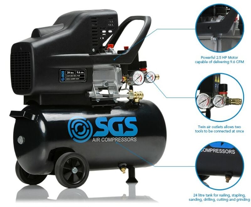 Buy SGS 24 Litre Direct Drive Air Compressor & 2 in 1 Air Nail / Staple Gun - 9.6CFM 2.5HP 24L by SGS for only £146.39