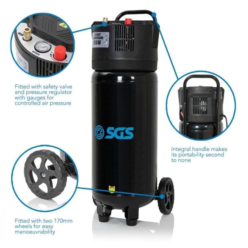 Buy SGS 50 Litre Oil Free Direct Drive Vertical Air Compressor - 6.2 CFM 2HP 50L by SGS for only £95.99