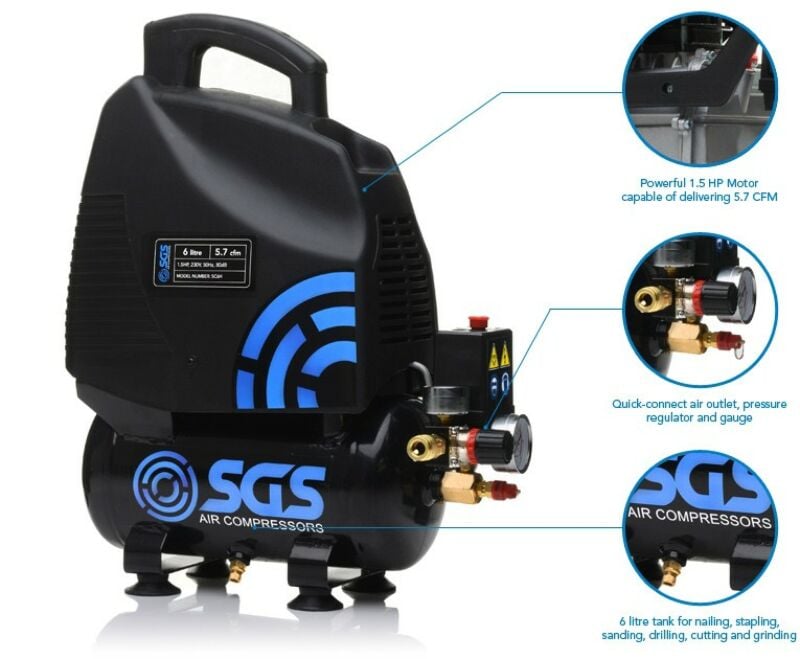 Buy SGS 6 Litre Oil-Less Direct Drive Air Compressor & 2 in 1 Air Nail / Staple Gun - 5.7CFM, 1.5HP by SGS for only £116.24
