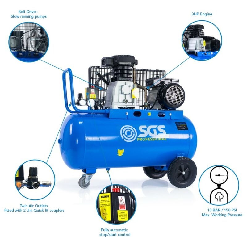 Buy SGS 90 Litre Belt Drive Air Compressor - 14CFM 3HP 90L - With FREE Oil by SGS for only £359.99