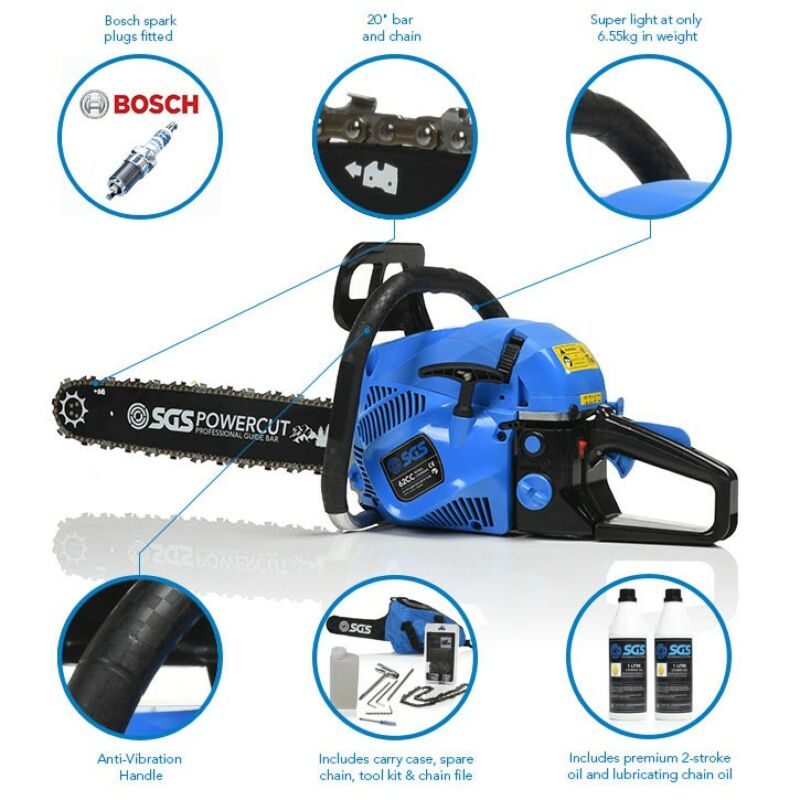 Buy SGS 62cc 20 Petrol Chainsaw: 2 Stroke Oil & Chain Oil. Easy Start Bosch Spark Plug by SGS for only £92.33