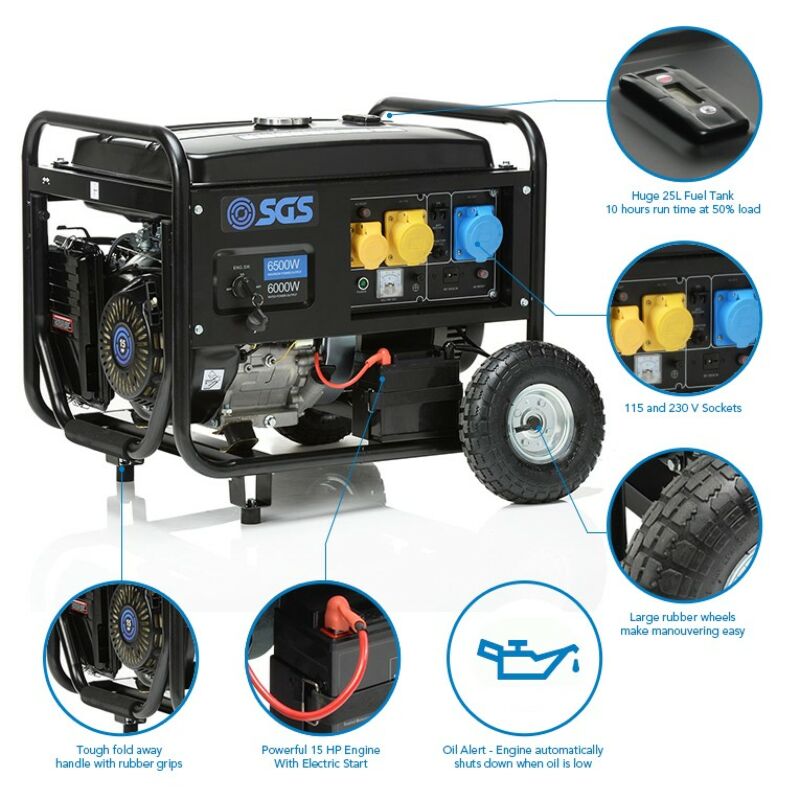Buy SGS 8.1 kVA Petrol Generator w. Electric Start, Wheel Kit, Oil, Flyleads and Twin Outlet Cable Reel by SGS for only £744.10