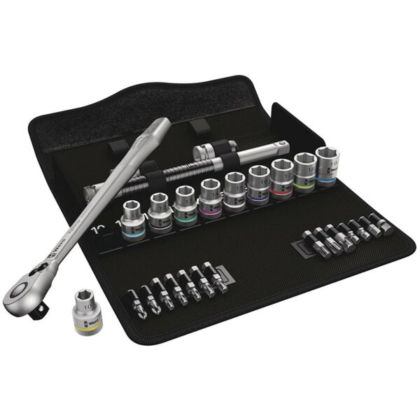 Buy Wera 05004078001 8100 SC 8 Zyklop Metal Ratchet Set with switch lever 1/2 drive metric 28 pieces by Wera for only £137.39