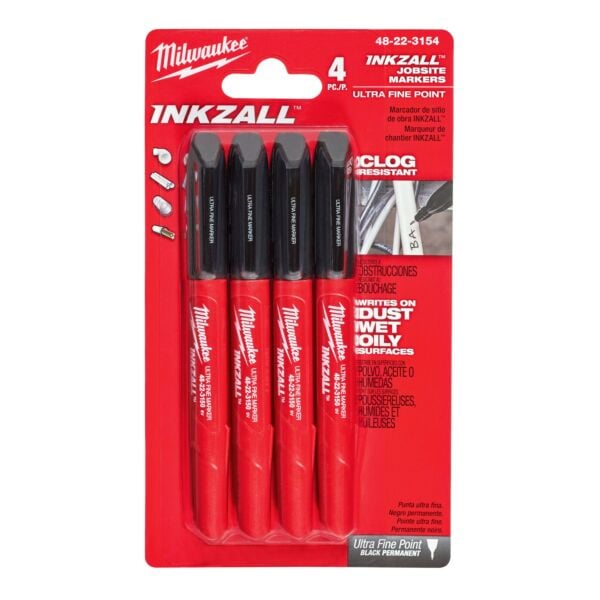 Buy Milwaukee 48223154 Inkzall Point Markers - Pack of 4 0.5mm Ultra Fine Point Black Ideal for Writing On Rough Dusty Wet or Oily Surfaces by Milwaukee for only £9.59