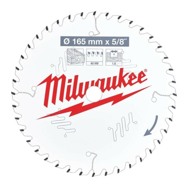 Buy Milwaukee 4932471312 Circular Saw Blade - 165 mm Diameter 5/8 Inch Bore Size 40 Tungsten Carbide Teeth 1.6 mm Kerf by Milwaukee for only £23.46