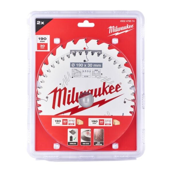 Buy Milwaukee 4932479574 190mm x 30mm Circular Saw Blade Twinpack by Milwaukee for only £40.98