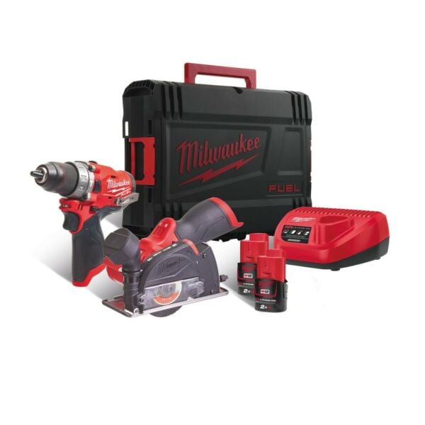 Buy Milwaukee M12FPP2F-202X 12V FUEL Combi Drill and Cut Off Tool Kit - 2x 2Ah Batteries, Charger and Case by Milwaukee for only £311.00