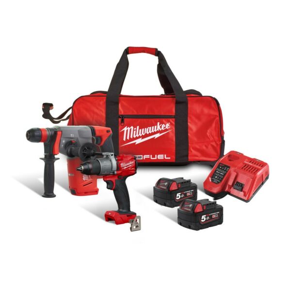 Buy Milwaukee M18FPP2M2-502B 18V FUEL Combi Drill and SDS+ Drill - 2x 5Ah Batteries, Charger and Case by Milwaukee for only £560.60