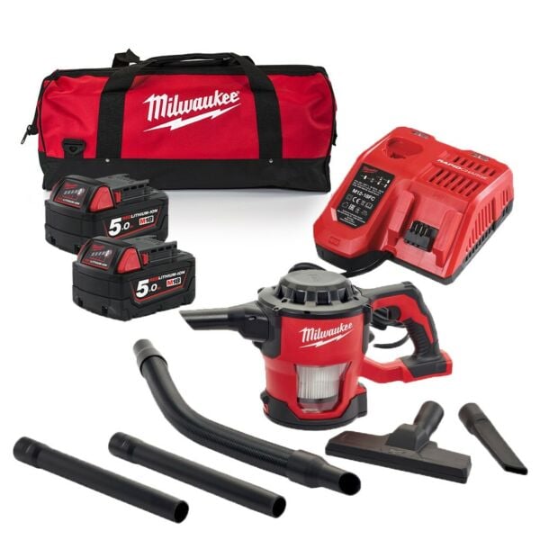 Buy Milwaukee M18CV-502B M18 18V Cordless Compact Hand Vacuum Kit - 2x 5Ah Batteries, Charger and Bag by Milwaukee for only £240.00