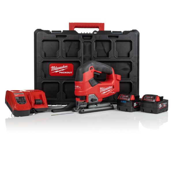 Buy Milwaukee M18FJS-502P FUEL™ D-Handle Jigsaw with 2 x 5.0ah Batteries Charger and Packout Case Kit by Milwaukee for only £320.39