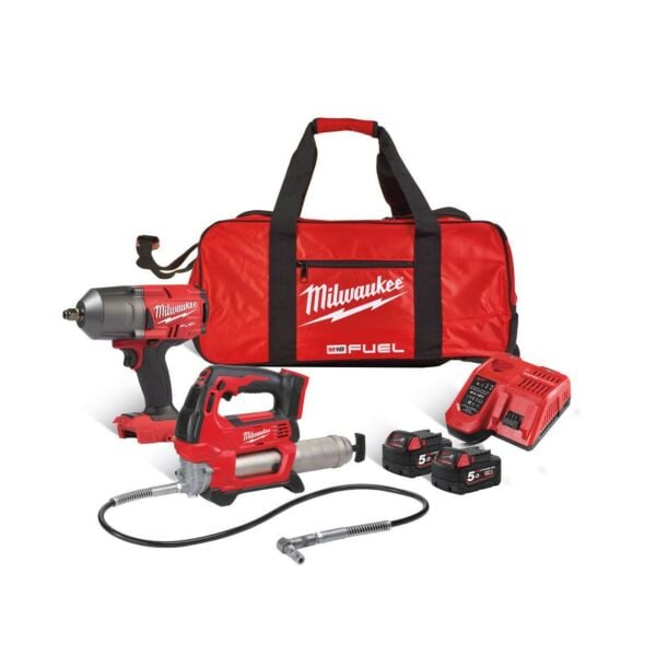 Buy Milwaukee M18FPP2AI-502B 18V Impact Wrench and Grease Gun Kit - 2x 5Ah Batteries, Charger and Bag by Milwaukee for only £498.68
