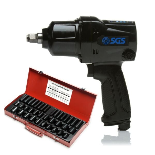 Buy SGS 1/2 Heavy Duty 880Nm Air Impact Wrench | 38 Pcs Drive Deep Socket Set by SGS for only £128.39