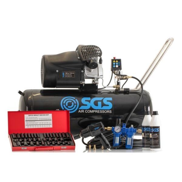Buy SGS 100 Litre Direct Drive Air Compressor & Heavy Duty Ratchet Kit - 14.6CFM 3.0HP 100L by SGS for only £537.86