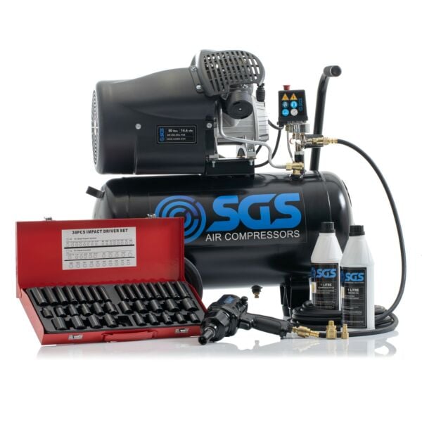 Buy SGS 50 Litre Direct Drive Air Compressor with 1/2 Impact Wrench & Socket Set - 14.6CFM 3.0HP 50L by SGS for only £412.74