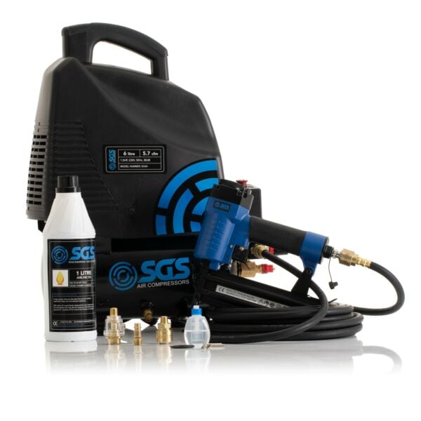 Buy SGS 6 Litre Oil-Less Direct Drive Air Compressor & 2 in 1 Air Nail / Staple Gun - 5.7CFM, 1.5HP by SGS for only £116.24