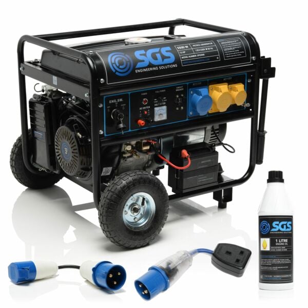 Buy SGS 6.9 kVA / 5.5 kW Petrol Generator w. Electric Start Wheel Kit Oil & Flyleads | 4-Stroke 13 HP by SGS for only £554.87