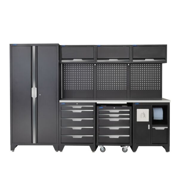 Buy SGS 10pc Garage Storage System with Double Cabinet Stainless Steel Worktop Bin Unit and Mobile Tool Chest by SGS for only £2,131.79