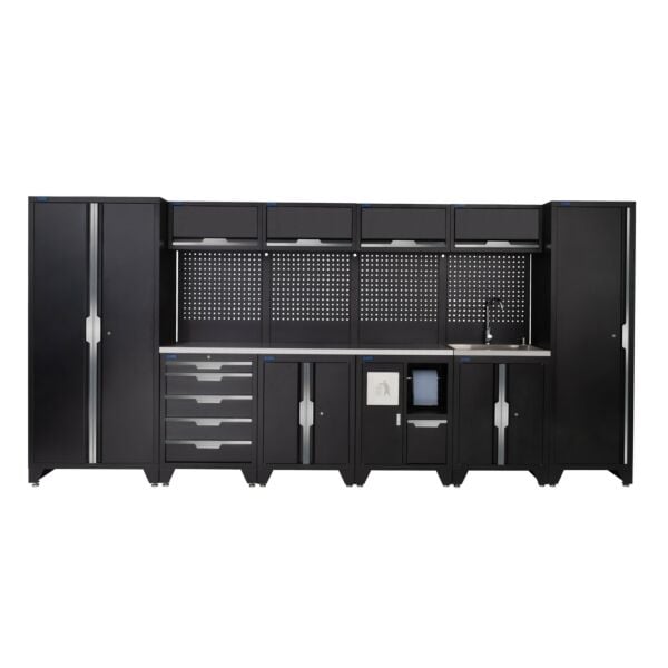 Buy SGS 14pc Garage Storage System with Tall Single and Double Cabinets Bin and Sink Unit with Stainless Worktop by SGS for only £3,014.87