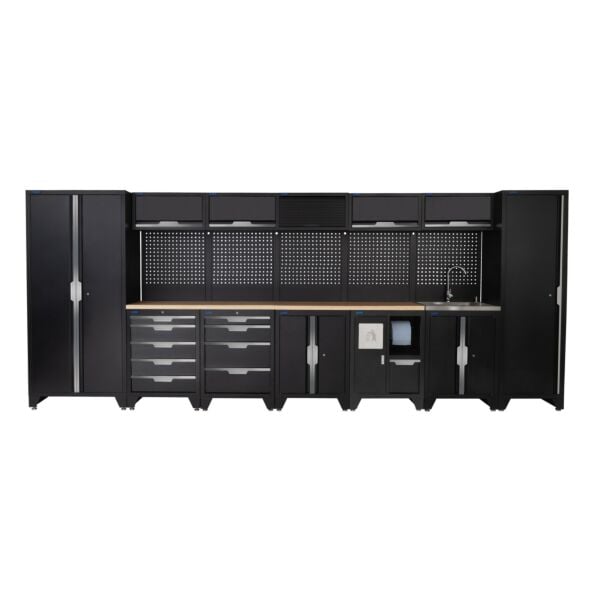 Buy SGS 17pc Garage Storage System with Tall Single and Double Cabinets Bin and Sink Units with Wooden Worktop by SGS for only £3,123.59