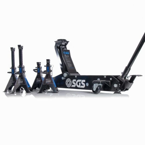 Buy SGS 3 Ton Long Reach Service Trolley Jack and Four 3 Ton Ratchet Axle Stands by SGS for only £431.99