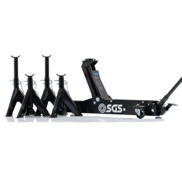 Buy SGS 3 Ton Long Reach Service Trolley Jack with four 3 Ton Heavy Duty Axle Stands by SGS for only £391.19