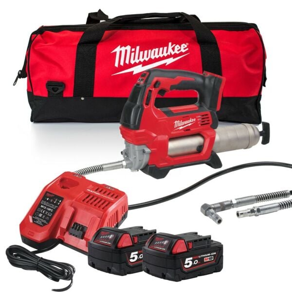 Buy Milwaukee M18GG-502B M18 18V Grease Gun Kit - 2x 5Ah Batteries, Charger and Bag by Milwaukee for only £321.60