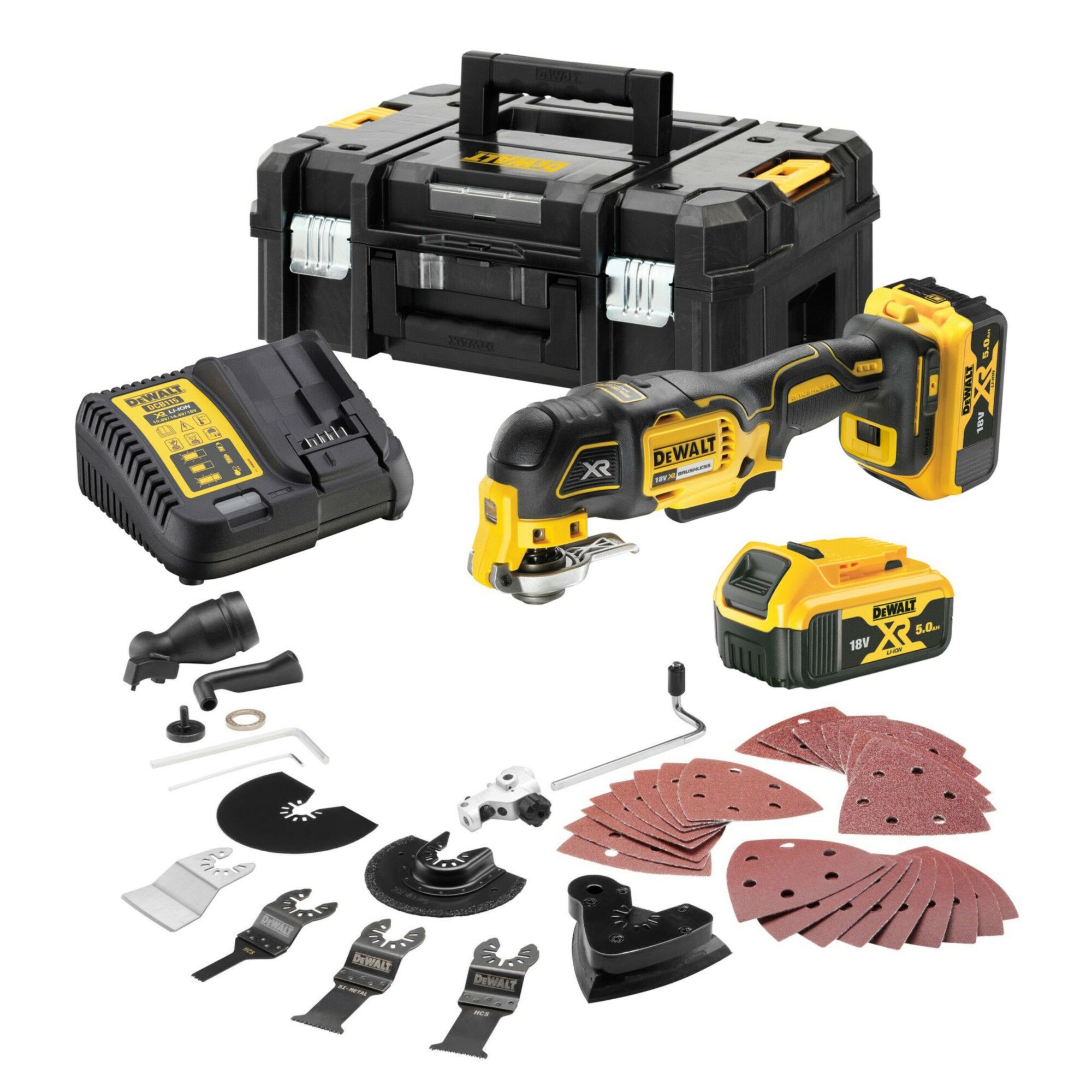 DeWalt DCS356P2-GB 18V XR Brushless 3 Speed Oscillating Multi-Tool Kit - 2x 5Ah Batteries, Charger and Case