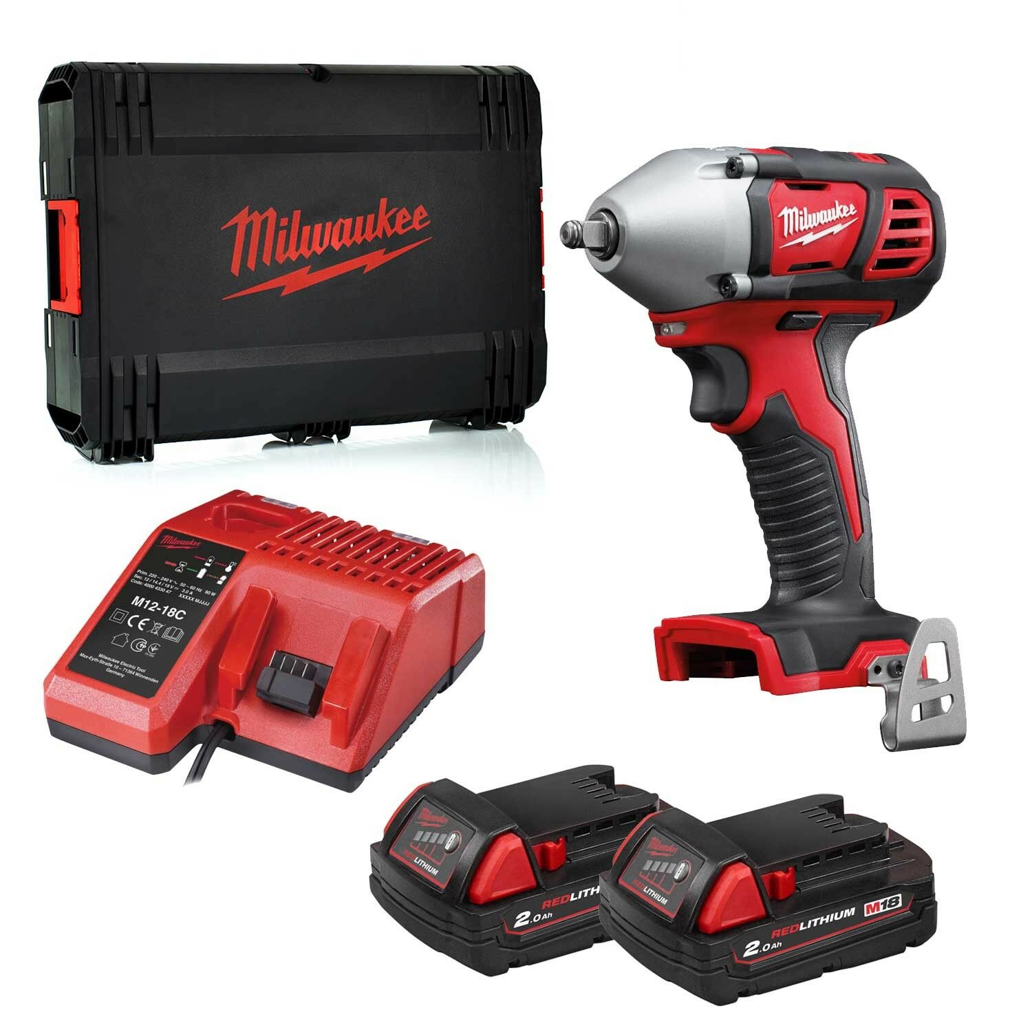 Milwaukee M18BIW38-202C M18 18V 3/8" 210Nm Impact Wrench Kit - 2x 2Ah Batteries, Charger and Case