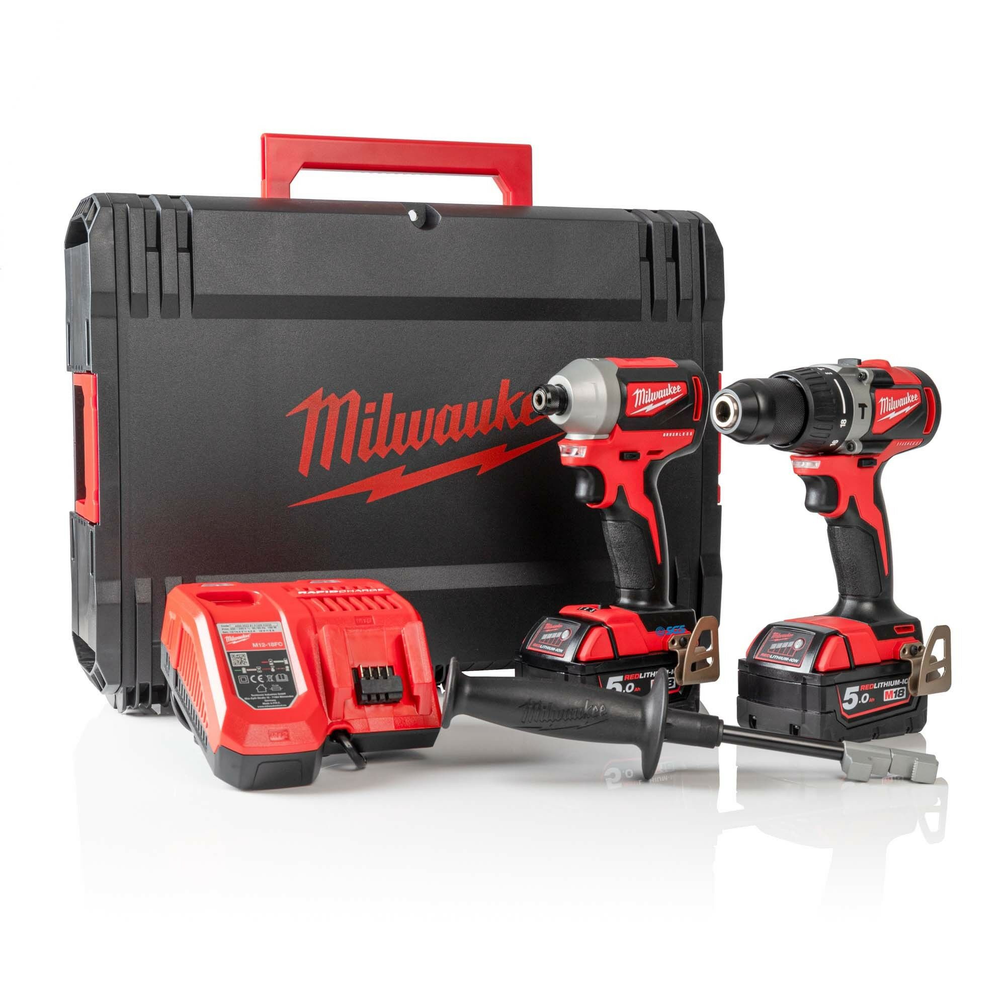 Milwaukee M18BLPP2A2-502X 18V Combi Drill and Impact Driver Kit - 2x 5Ah Batteries, Charger and Case